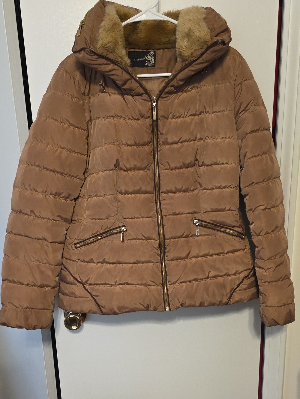 Faux-Fur Trim Quilted Puffer Jacket - Brown